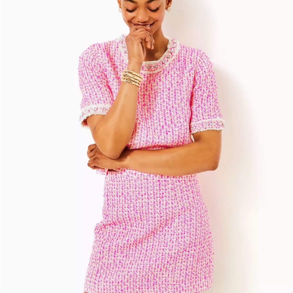 Lilly Pulitzer Kels Mini Skirt in Pink Palms Fantasy Tweed, Size 8